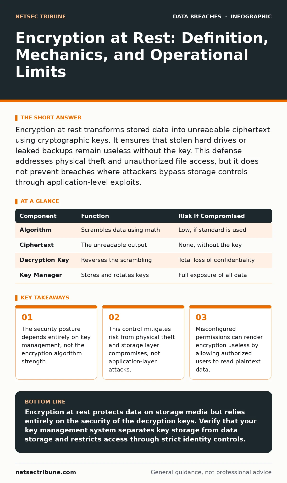 Infographic: Encryption at Rest: Definition, Mechanics, and Operational Limits. The security posture depends entirely on key management, not the encryption algorithm strength. This control mitigates risk from physical theft and storage layer compromises, not application-layer attacks. Misconfigured
