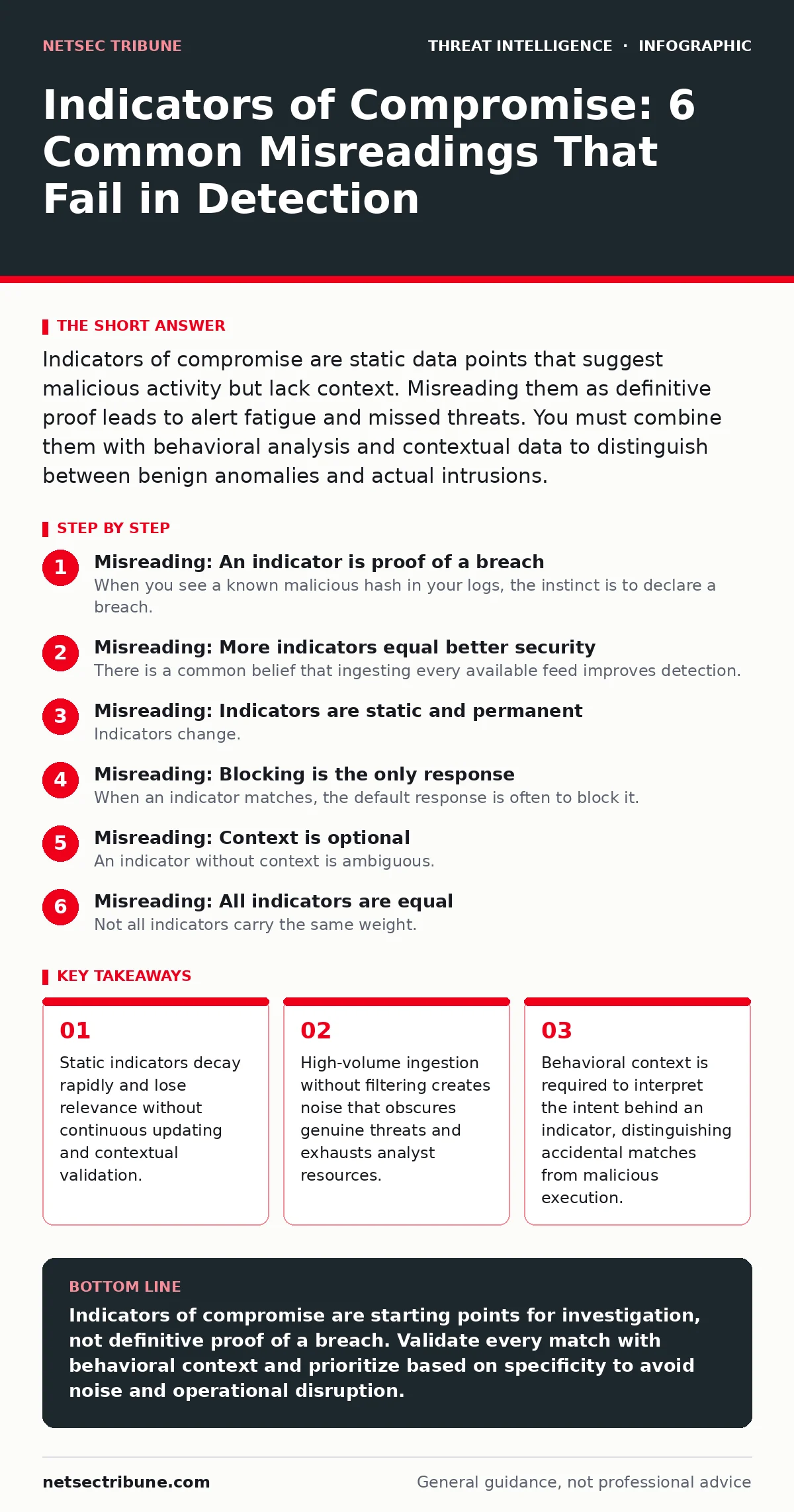 Infographic: Indicators of Compromise: 6 Common Misreadings That Fail in Detection. Static indicators decay rapidly and lose relevance without continuous updating and contextual validation. High-volume ingestion without filtering creates noise that obscures genuine threats and exhausts analyst resou