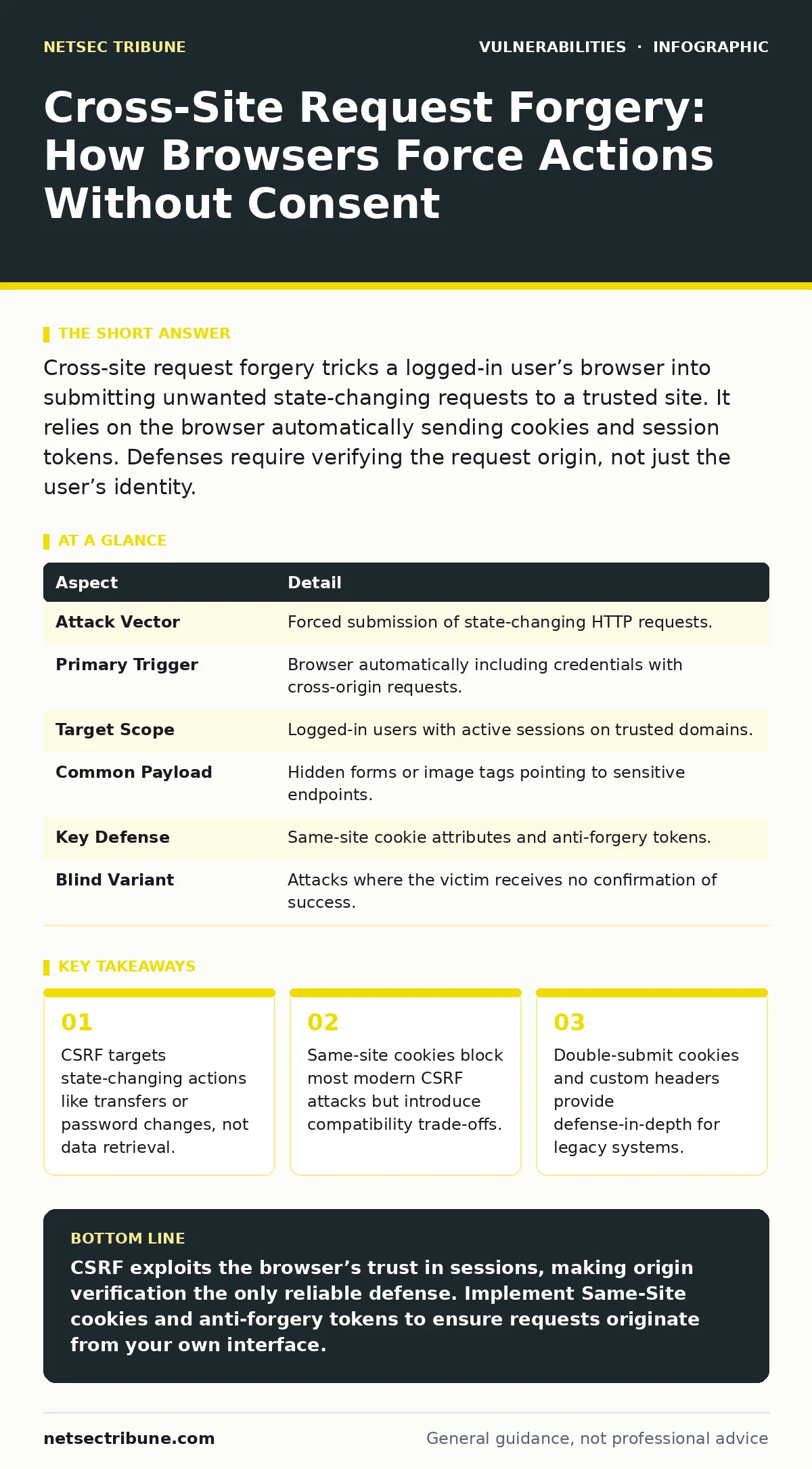 Infographic: Cross-Site Request Forgery: How Browsers Force Actions Without Consent. CSRF targets state-changing actions like transfers or password changes, not data retrieval. Same-site cookies block most modern CSRF attacks but introduce compatibility trade-offs. Double-submit cookies and custom h