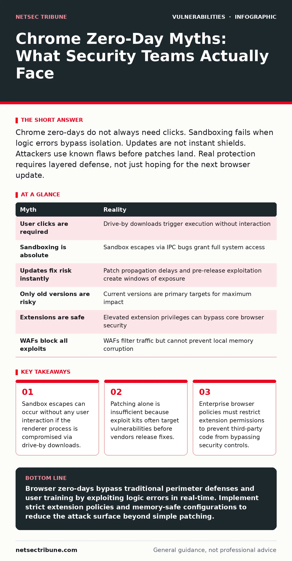 Infographic: Chrome Zero-Day Myths: What Security Teams Actually Face. Sandbox escapes can occur without any user interaction if the renderer process is compromised via drive-by downloads. Patching alone is insufficient because exploit kits often target vulnerabilities before vendors release fixes.