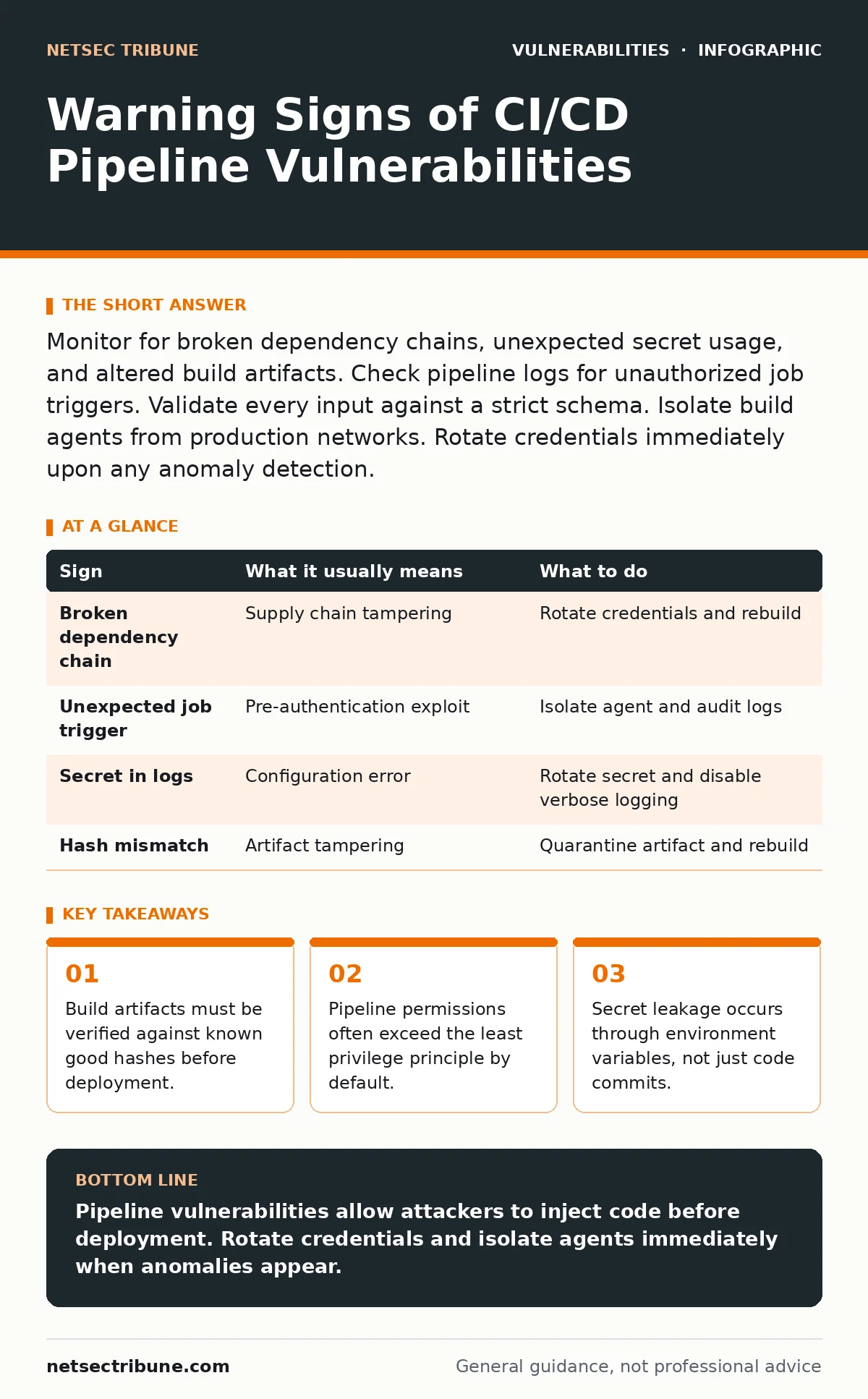 Infographic: Warning Signs of CI/CD Pipeline Vulnerabilities. Build artifacts must be verified against known good hashes before deployment. Pipeline permissions often exceed the least privilege principle by default. Secret leakage occurs through environment variables, not just code commits.