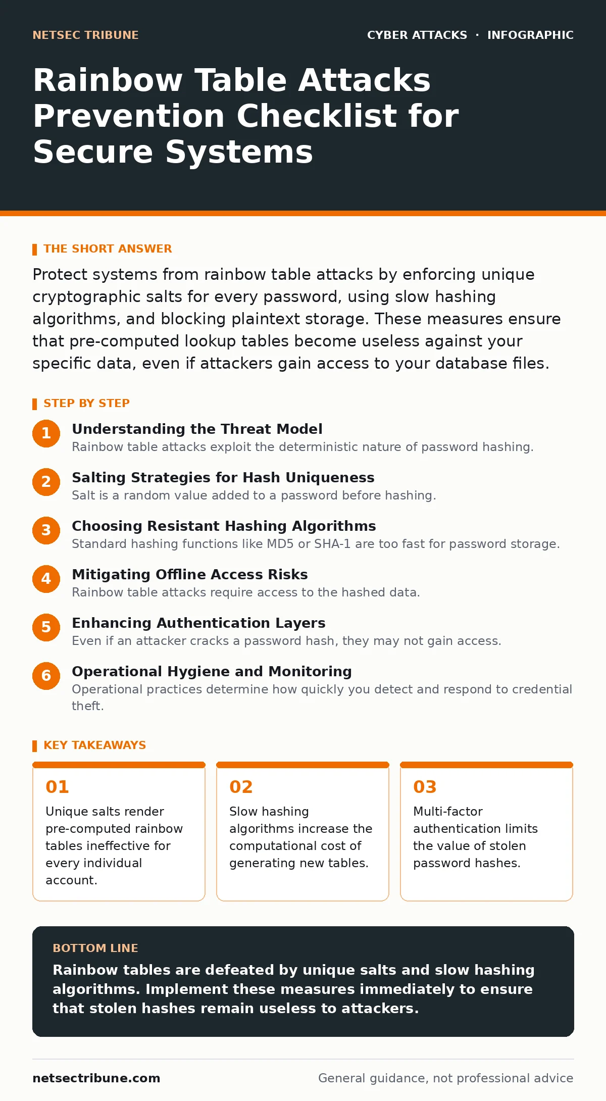 Infographic: Rainbow Table Attacks Prevention Checklist for Secure Systems. Unique salts render pre-computed rainbow tables ineffective for every individual account. Slow hashing algorithms increase the computational cost of generating new tables. Multi-factor authentication limits the value of stol