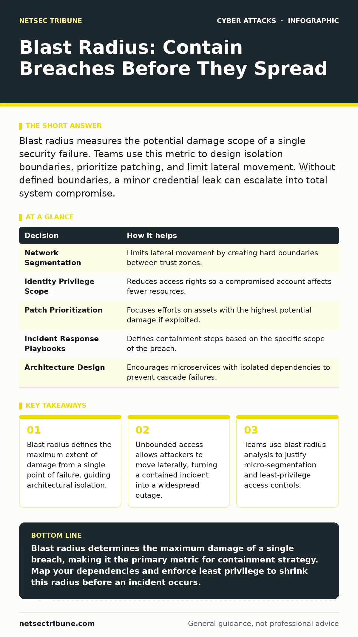 Infographic: Blast Radius: Contain Breaches Before They Spread. Blast radius defines the maximum extent of damage from a single point of failure, guiding architectural isolation. Unbounded access allows attackers to move laterally, turning a contained incident into a widespread outage. Teams use bla