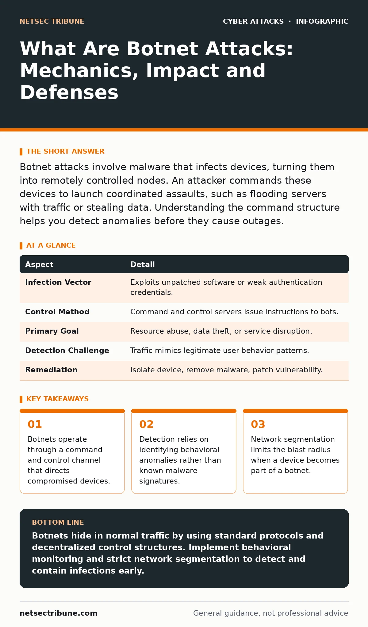 Infographic: What Are Botnet Attacks: Mechanics, Impact and Defenses. Botnets operate through a command and control channel that directs compromised devices. Detection relies on identifying behavioral anomalies rather than known malware signatures. Network segmentation limits the blast radius when a