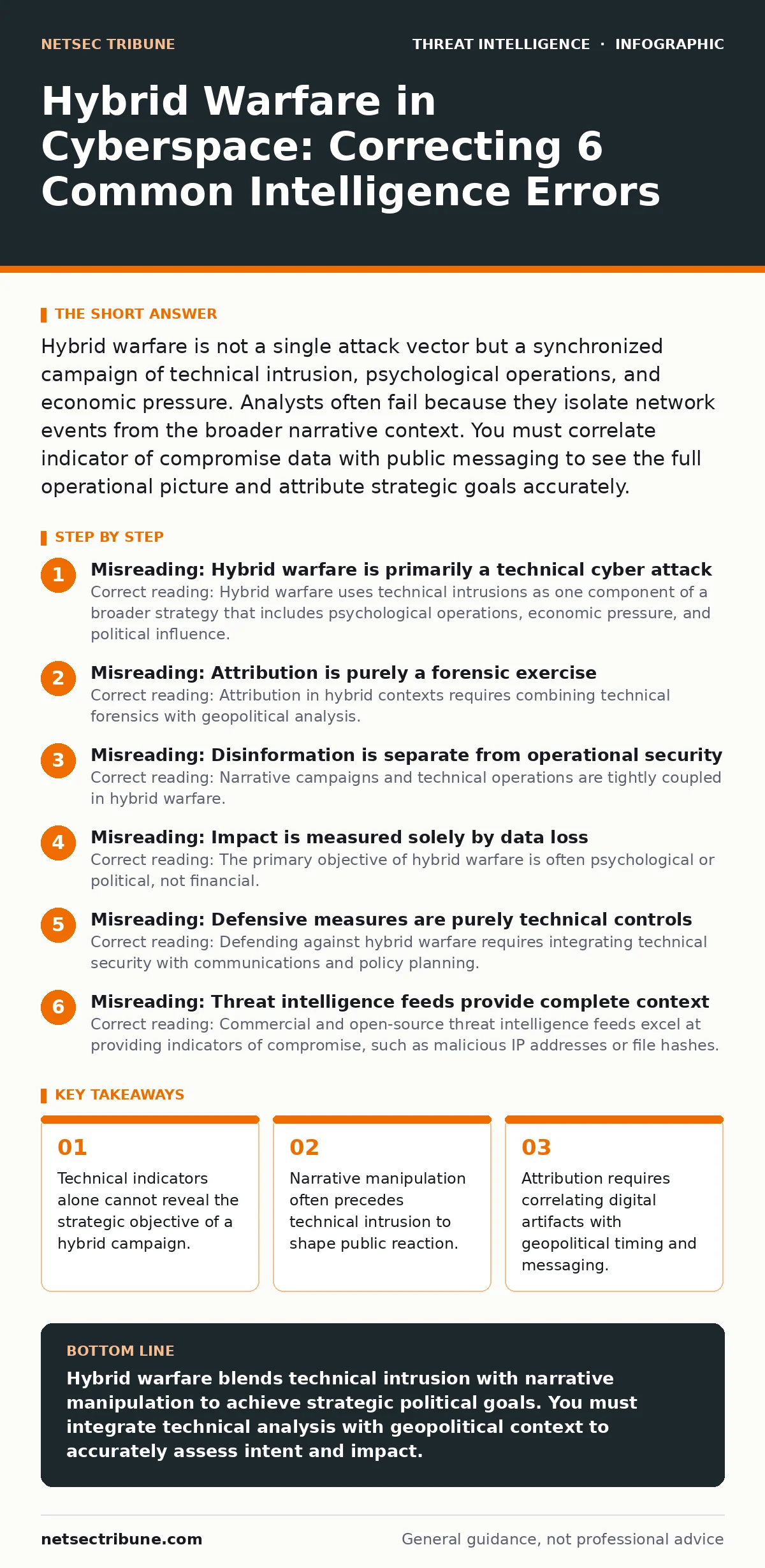 Infographic: Hybrid Warfare in Cyberspace: Correcting 6 Common Intelligence Errors. Technical indicators alone cannot reveal the strategic objective of a hybrid campaign. Narrative manipulation often precedes technical intrusion to shape public reaction. Attribution requires correlating digital arti