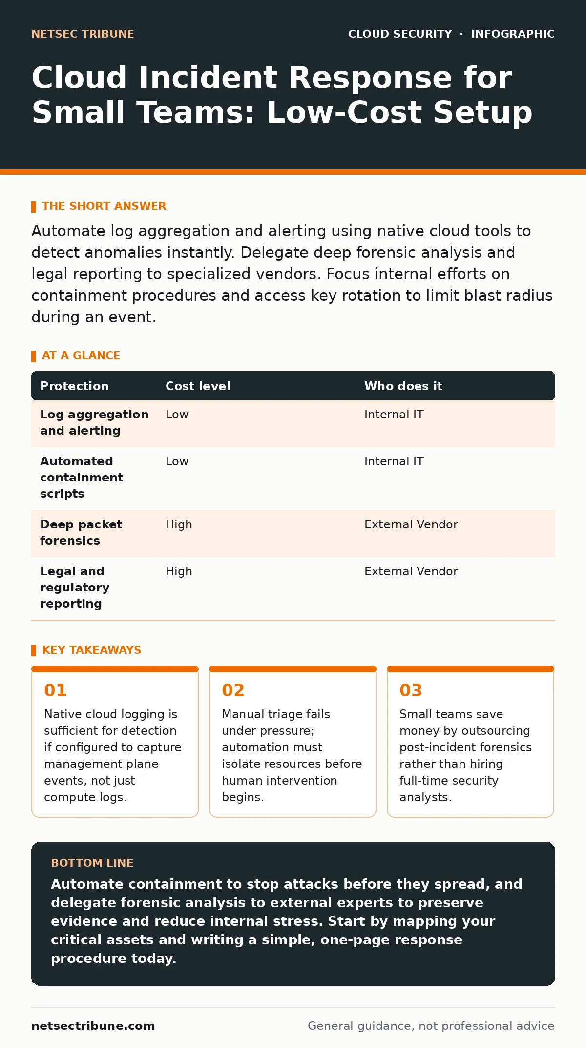 Infographic: Cloud Incident Response for Small Teams: Low-Cost Setup. Native cloud logging is sufficient for detection if configured to capture management plane events, not just compute logs. Manual triage fails under pressure; automation must isolate resources before human intervention begins. Smal